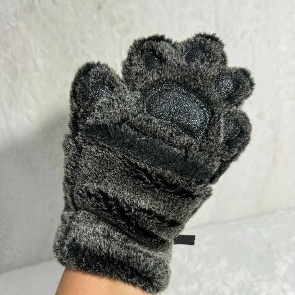 Bear Hands Fuzzy Paw Mittens W/ Non-Slip Grip & Thinsulate Lining Black Faux Fur